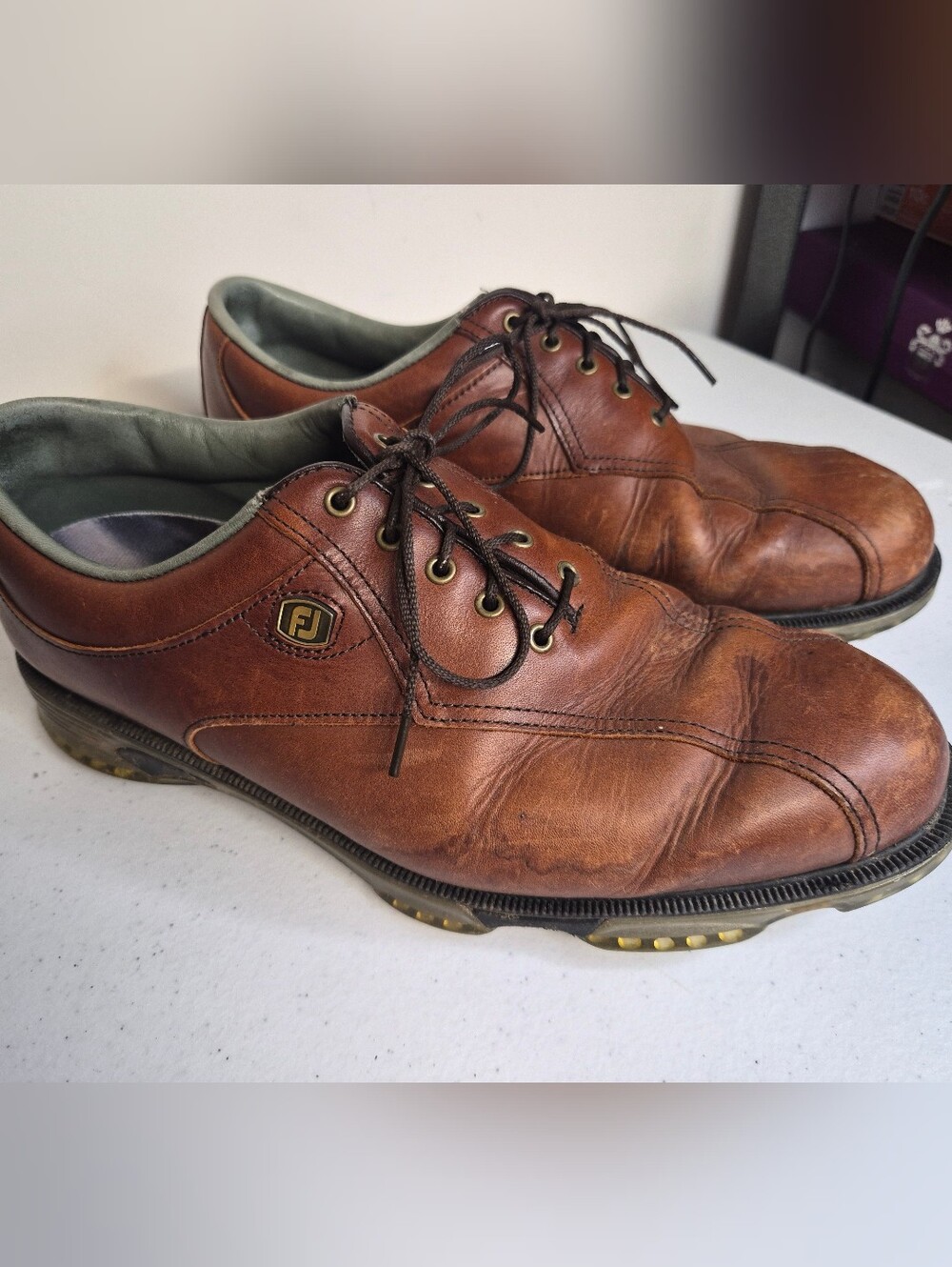 Footjoy DRYJOYS Tour Spiked Golf Shoes Brown Leather Men’s Size 10W-Pre Owned
